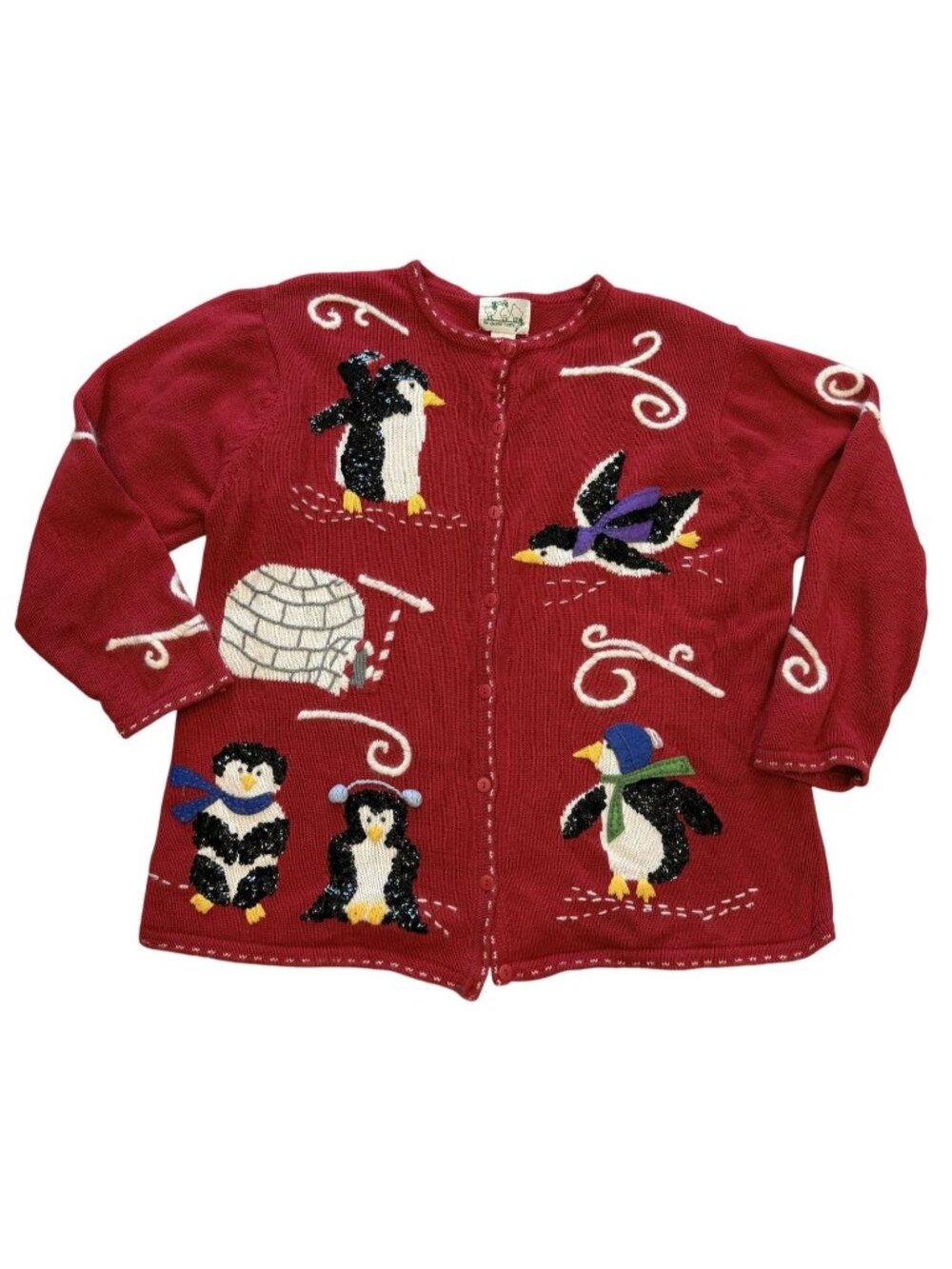 Quacker Factory Penguin Cardigan Sweater 1X Sequin Embroidered Vintage Teacher